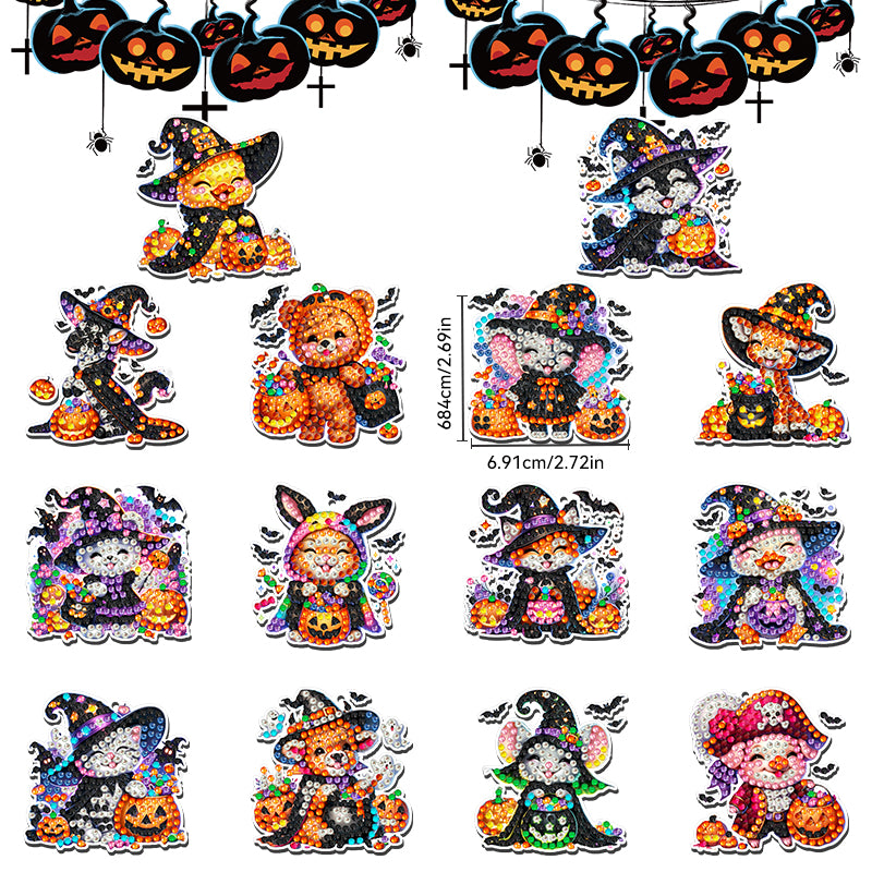 14pcs DIY Diamond Painting Keychain | Halloween Animals (Single Side)