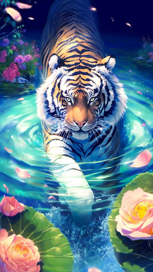 Luxury AB Velvet Diamond Painting Kit -  Tiger in lotus pond