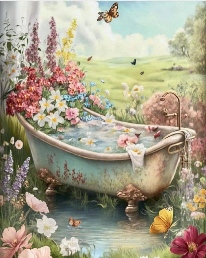 AB Velvet Diamond Painting  - Retro Flower Bathtub