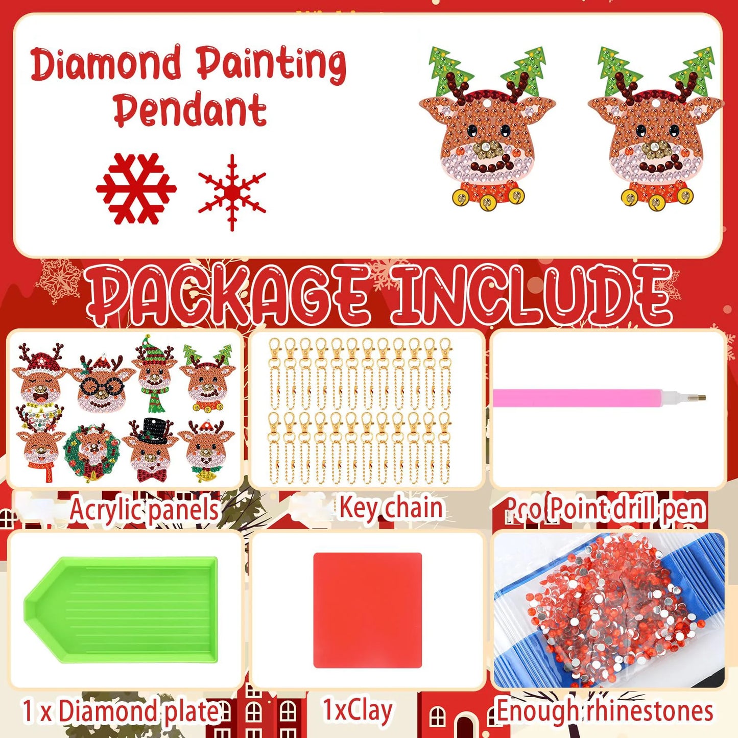 16 pcs DIY Diamond Painting Keychain | Christmas Deer（single sided）