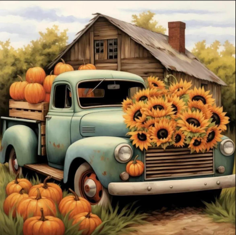 AB Velvet Diamond Painting  - Blue truck sunflower