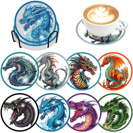 8 pcs set Special Shaped Diamond Painting Coaster - Dragon