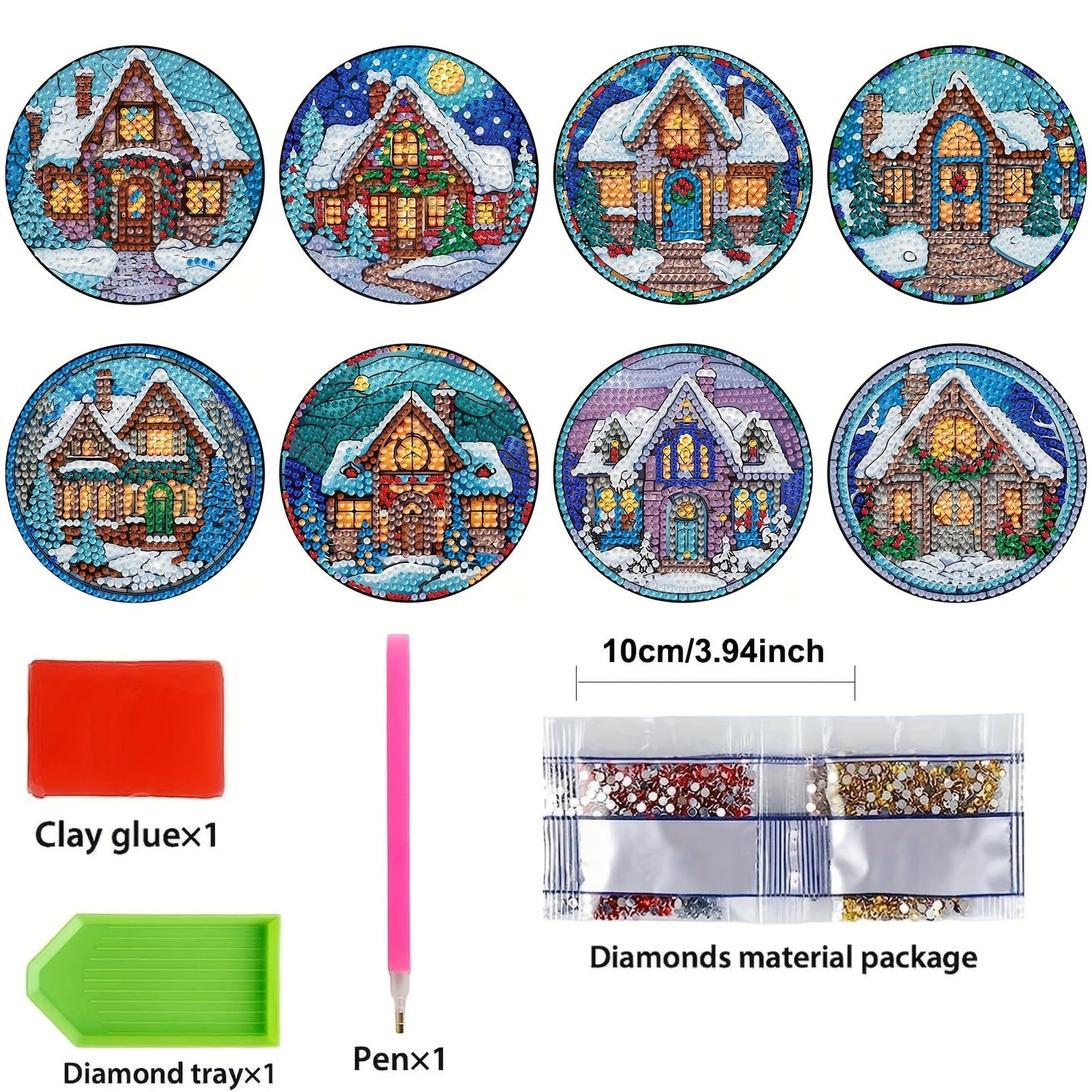 8 pcs set DIY Special Shaped Diamond Painting Coaster | Christmas Snowhouse（no holder）