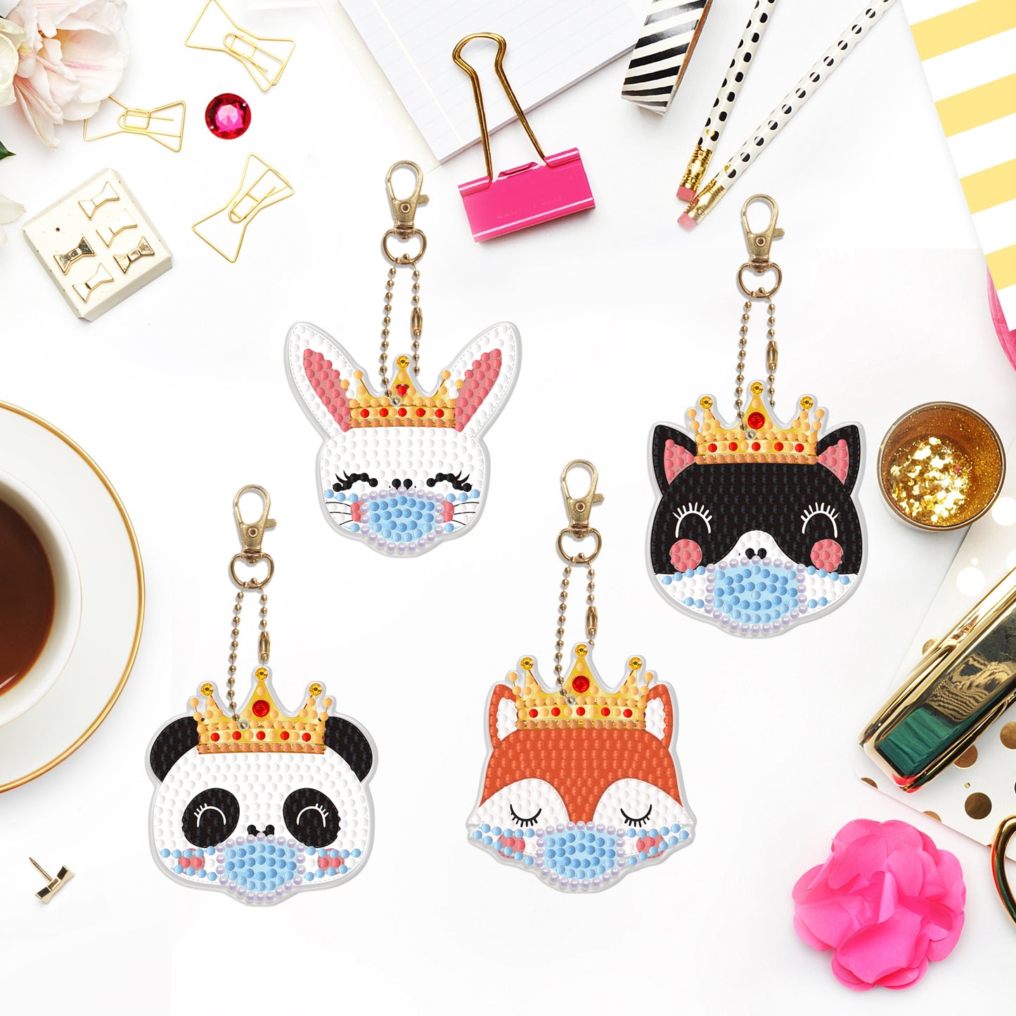 DIY keychain | Animals wearing masks | Single-sided | Four Piece Set