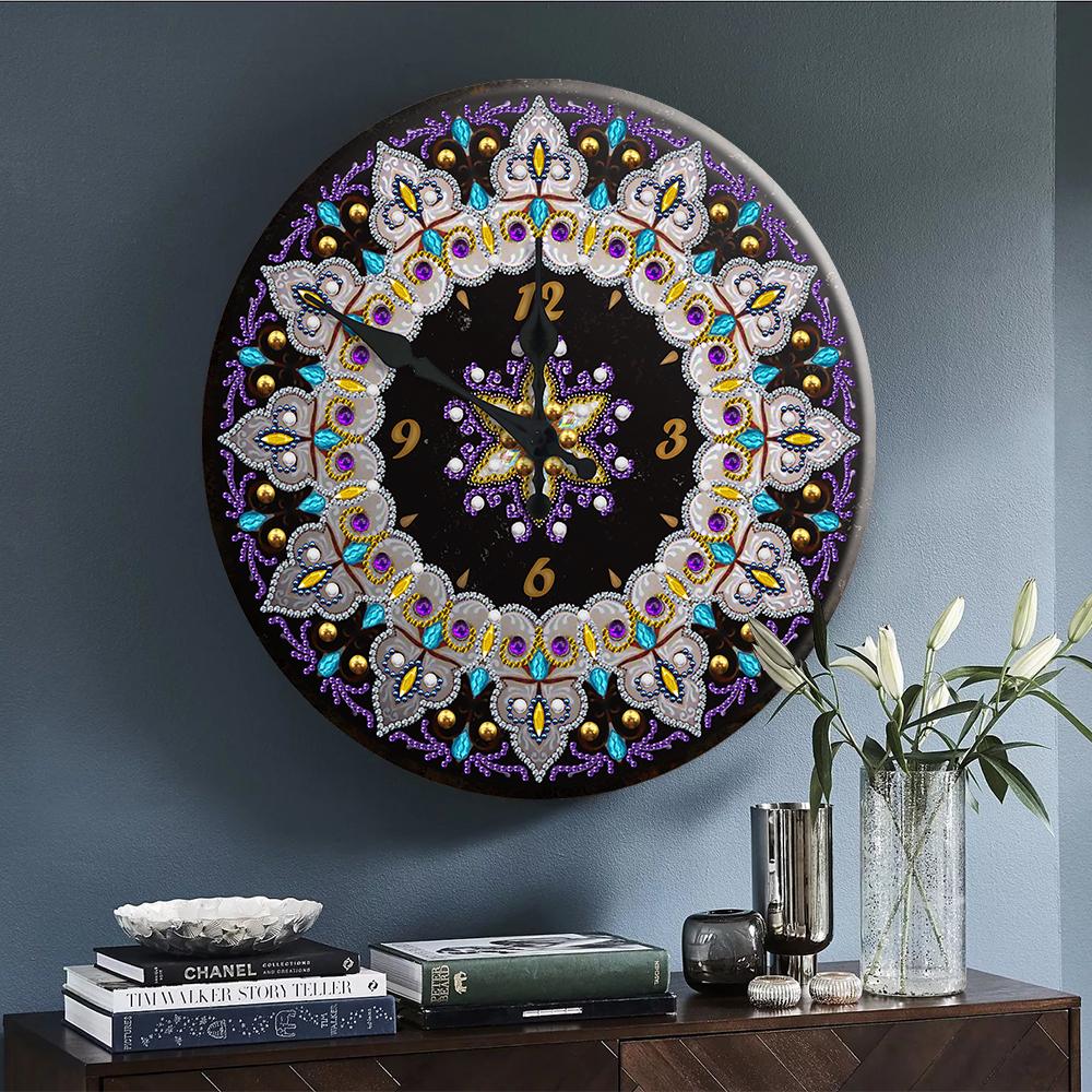 Horloge Mandala | Pendentif d'horloge de peinture au diamant de forme spéciale 