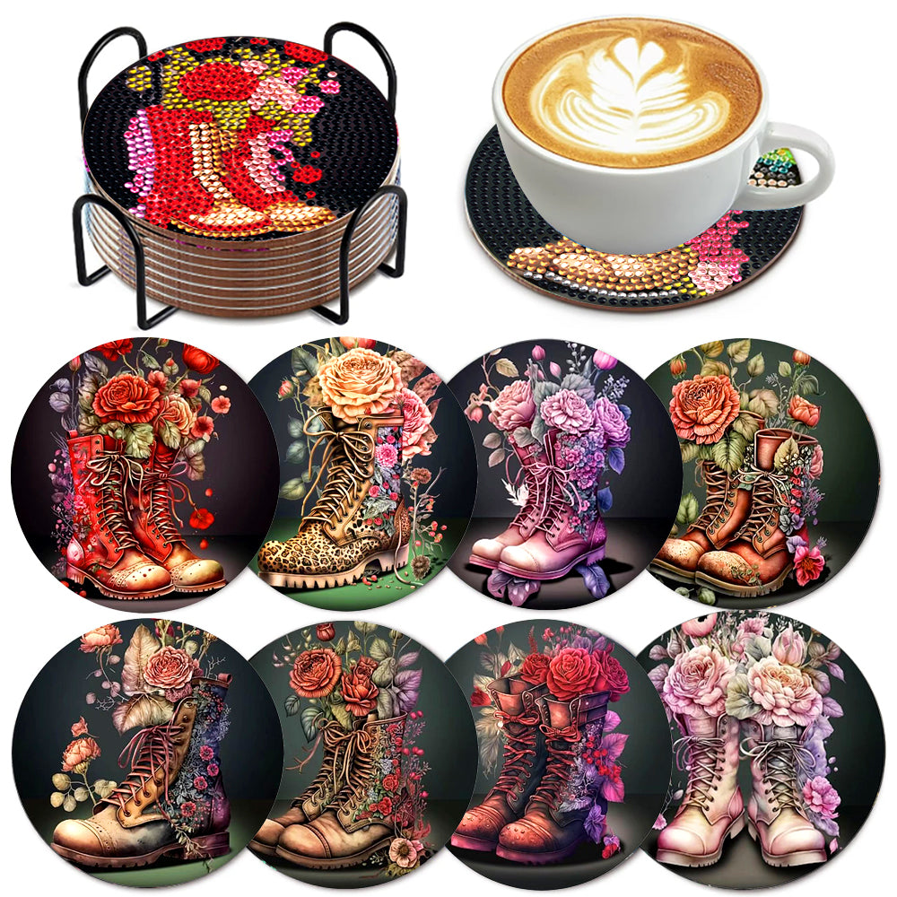 8 pcs set DIY Special Shaped Diamond Painting Coaster  | boots（no holder）