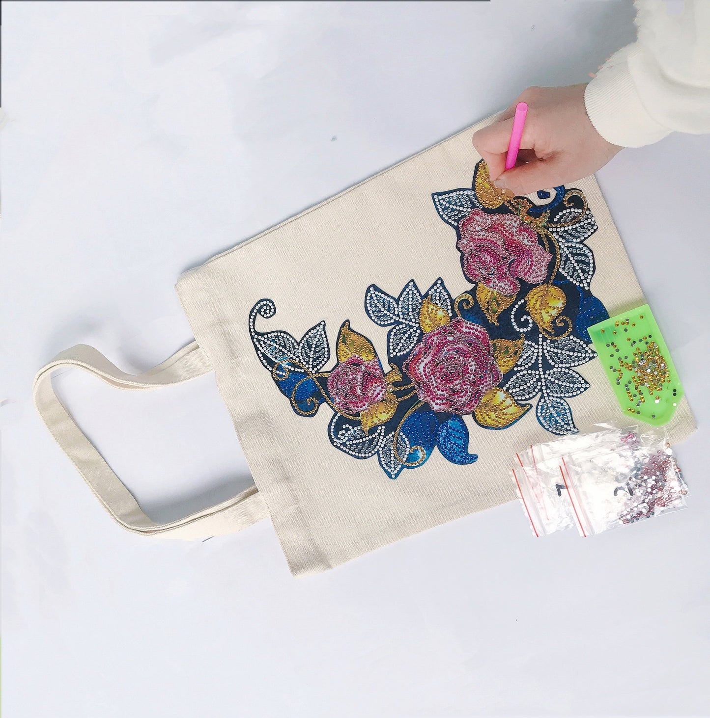 DIY Rhinestone Diamond Painting Flower Tote Bag