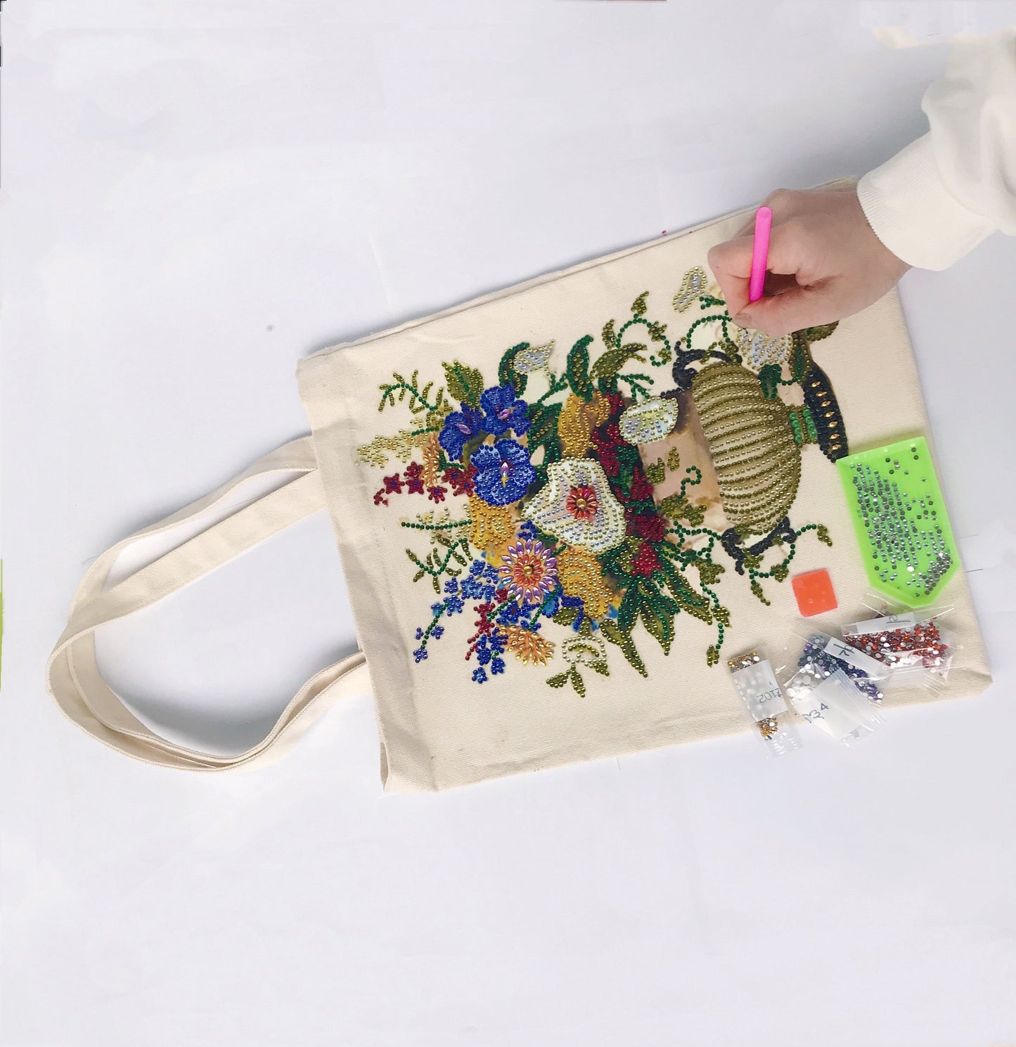 DIY Rhinestone Diamond Painting Flower Tote Bag