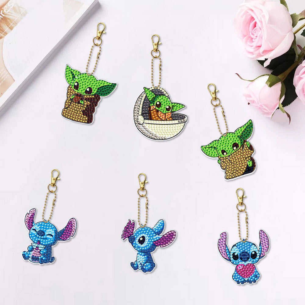 Porte-clés cordon en cuir peinture diamant bricolage | Stitch et Yoda | Ensemble de 6 pièces