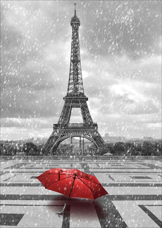 Parapluie rouge sous la tour | Kits complets de peinture au diamant rond 