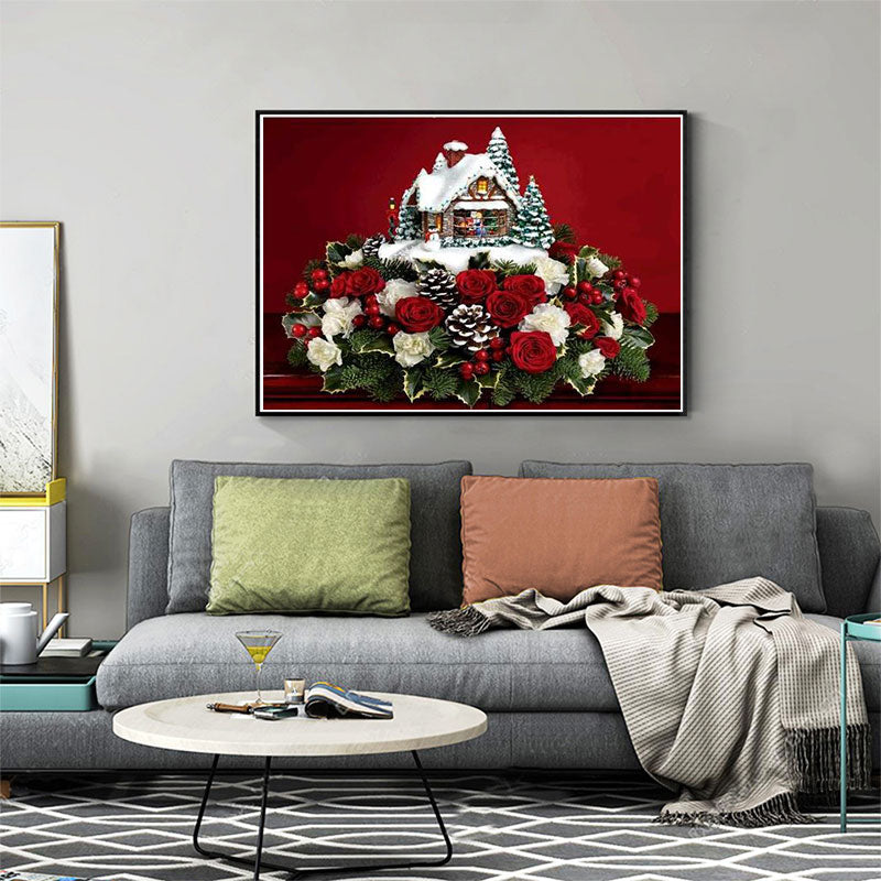 Maison de Noël avec fond rouge | Kits complets de peinture au diamant rond