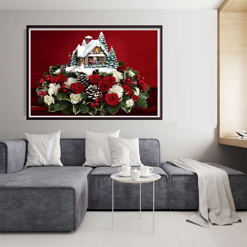 Maison de Noël avec fond rouge | Kits complets de peinture au diamant rond