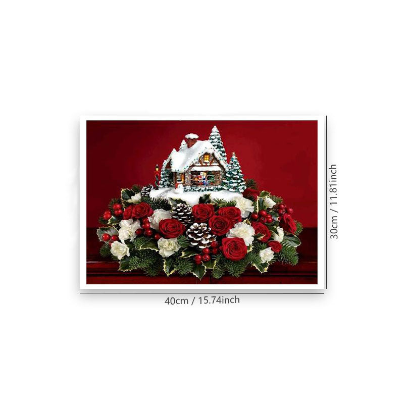 Christmas house with red background | Full Round Diamond Painting Kits