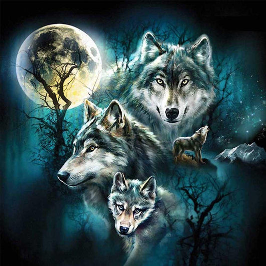 Wolf und Mond | Vollständige runde Diamant-Malkits