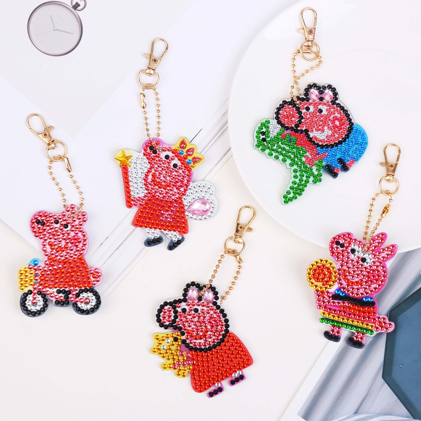 5pcs DIY Pig Sets Special Shaped Full Drill Diamond Painting Key Chain with Key Ring Jewelry Gifts for Girl Bags