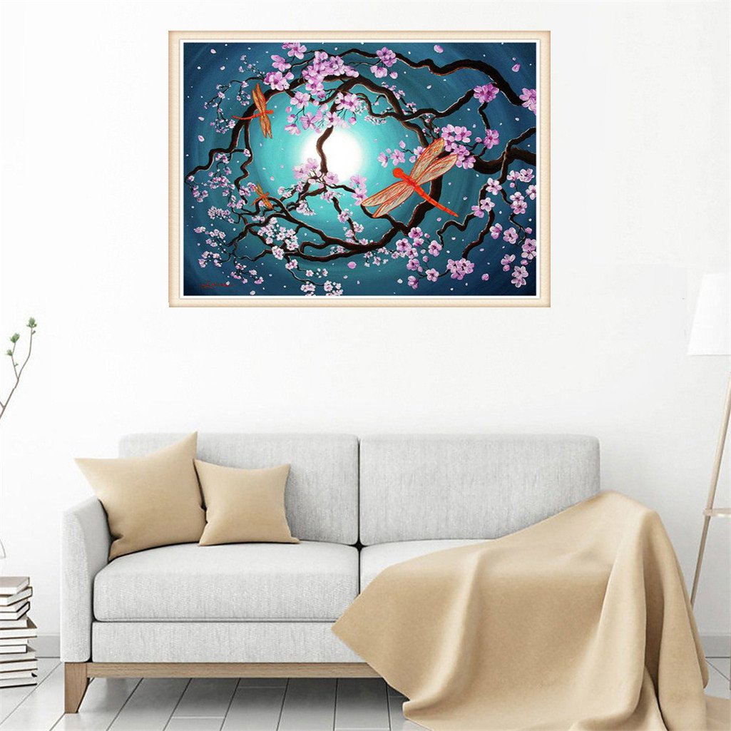 Sakura et libellule | Kits complets de peinture au diamant rond 