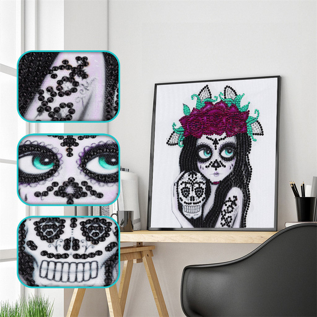 Girl And Skull  | Crystal Rhinestone  | Full Round Diamond Painting Kits
