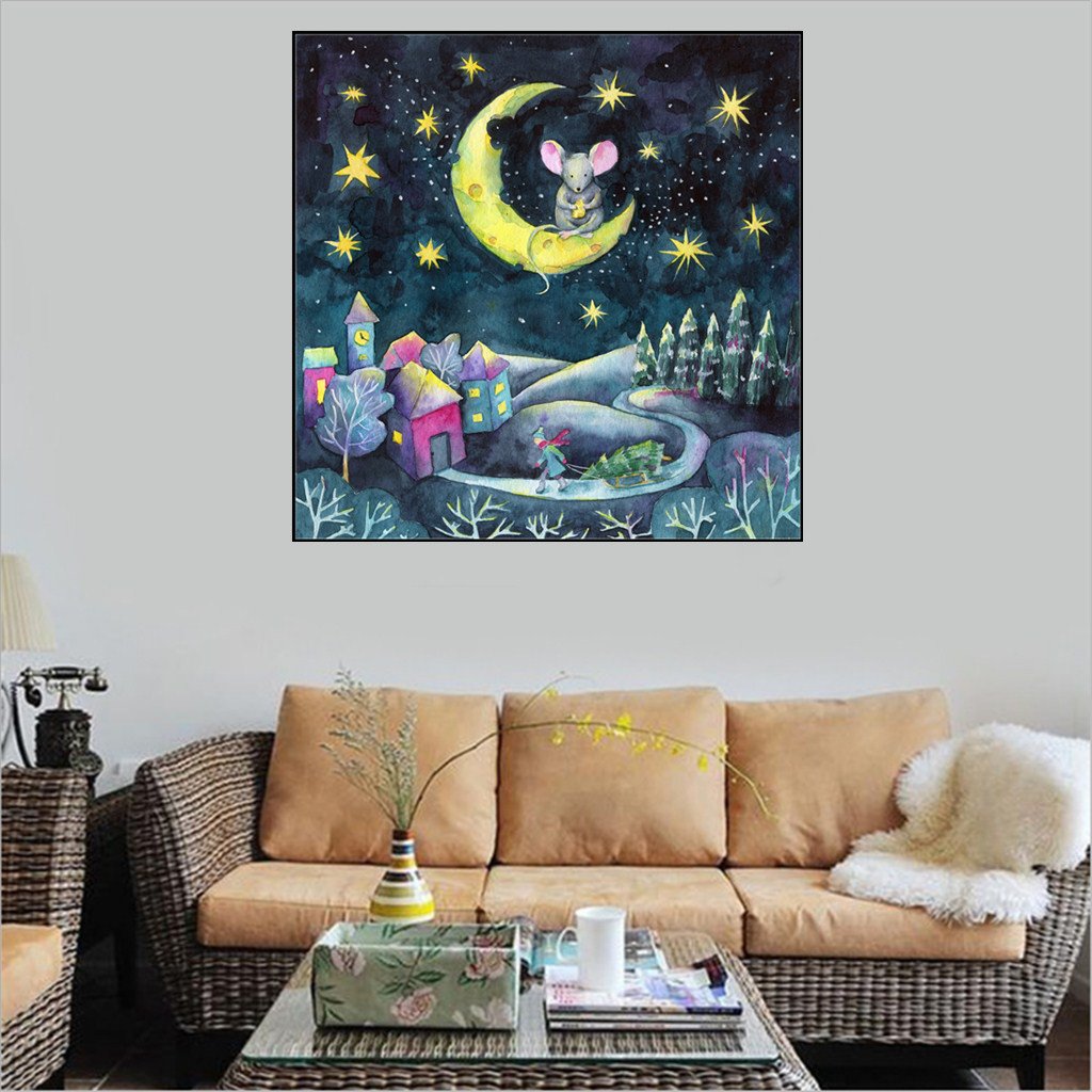 Souris sur la lune | Kits complets de peinture au diamant rond