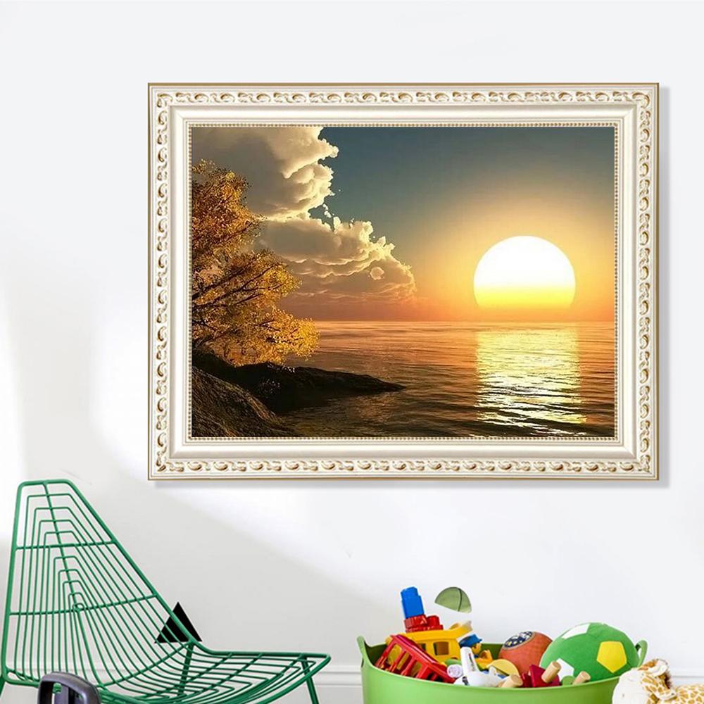 Coucher de soleil au bord de la mer | Kits complets de peinture au diamant rond 