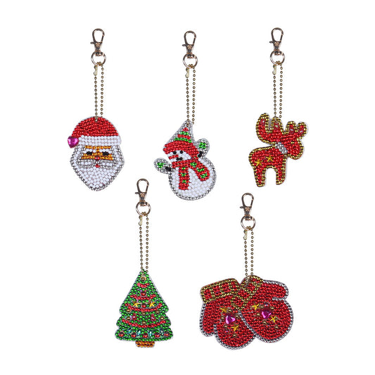 5pcs DIY Christmas Sets Special Shaped Full Drill Diamond Painting Key Chain with Key Ring Jewelry Gifts for Girl Bags