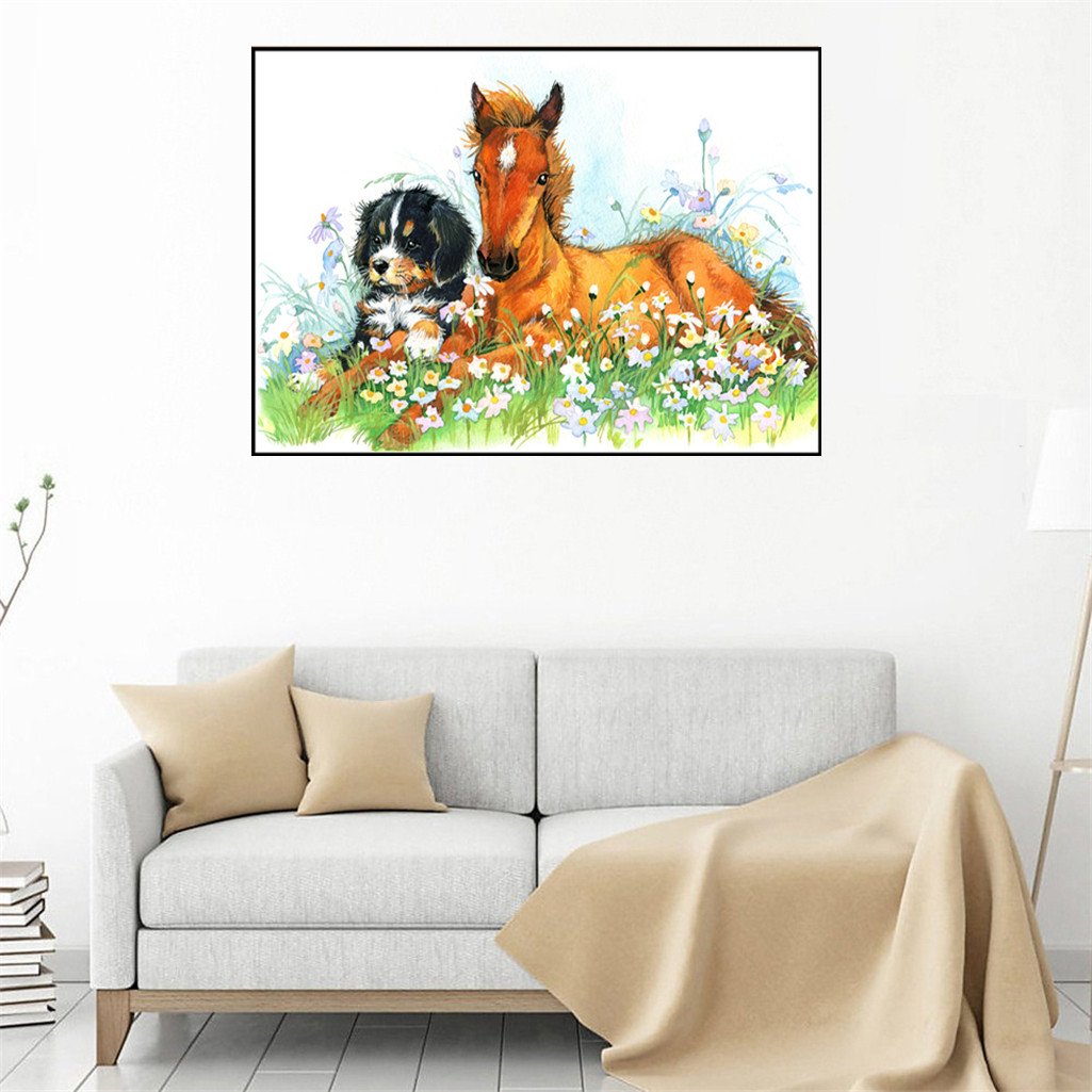 Chien et cheval | Kits complets de peinture au diamant rond