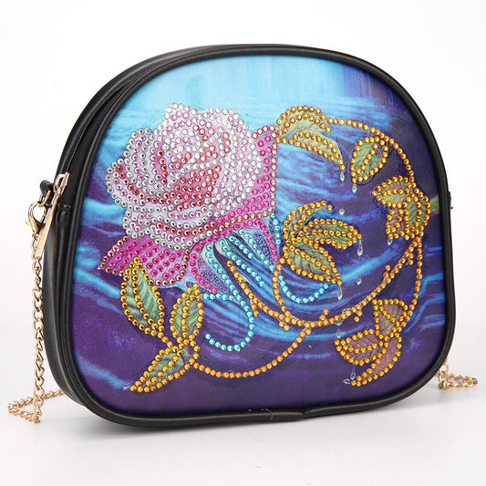 DIY Water rose shaped diamond painting one-shoulder chain lady bag