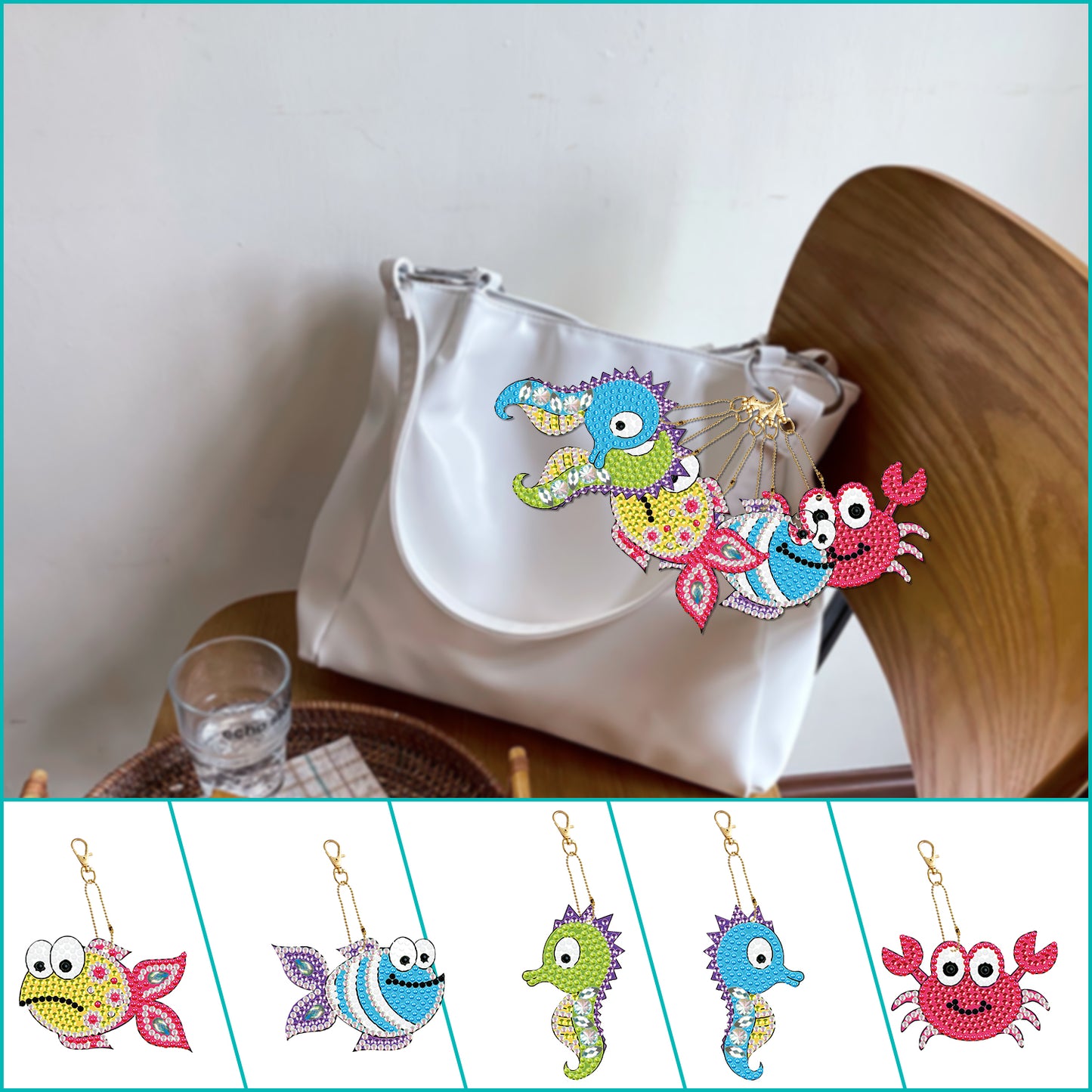 DIY keychain | Fish Seahorse Crab | Double-sided | Five Piece Set