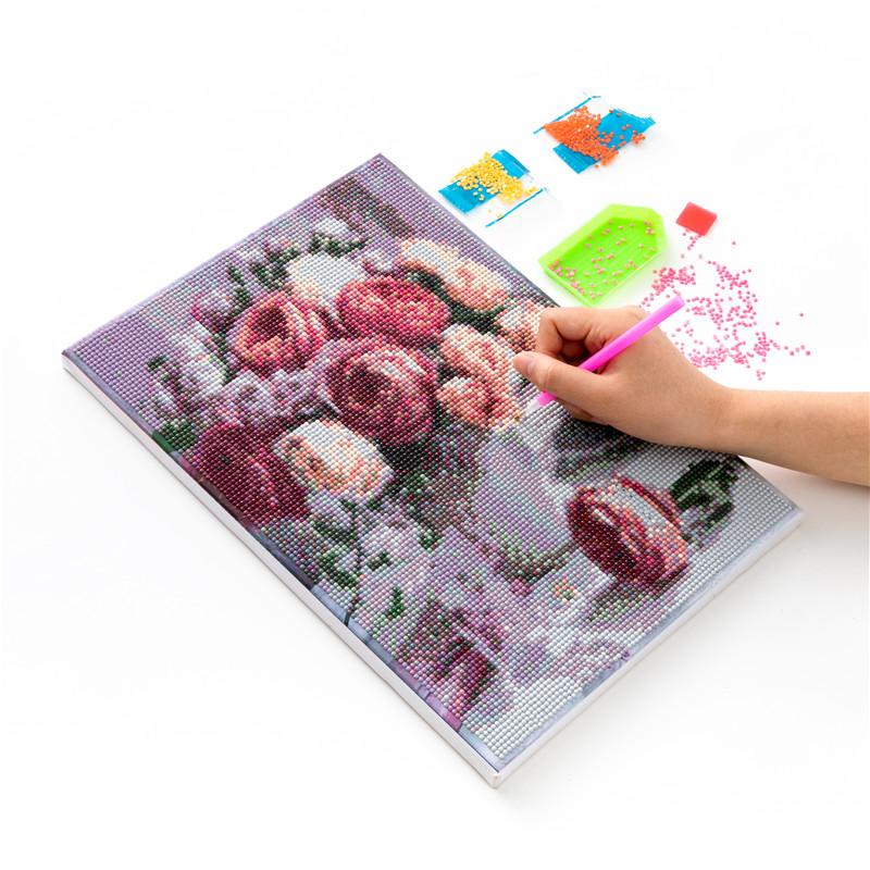 Fleurs roses | Kits complets de peinture au diamant rond (avec cadre) 