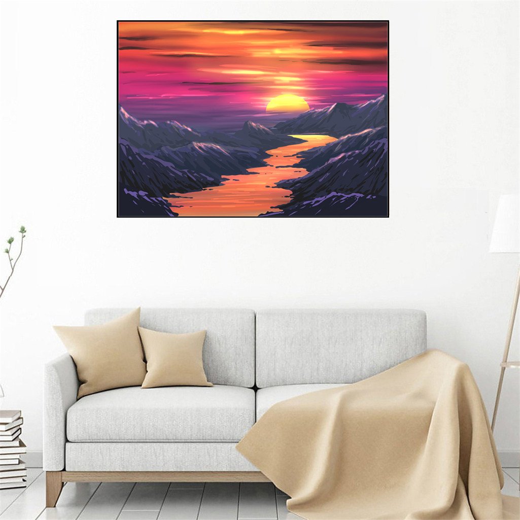 Rivière au coucher du soleil | Kits complets de peinture au diamant rond