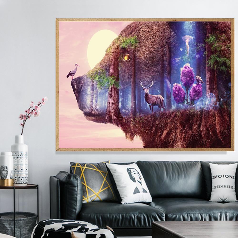 Big Bear, Deer, Bird, Forest, Moon Scenery  | Full Round Diamond Painting Kits