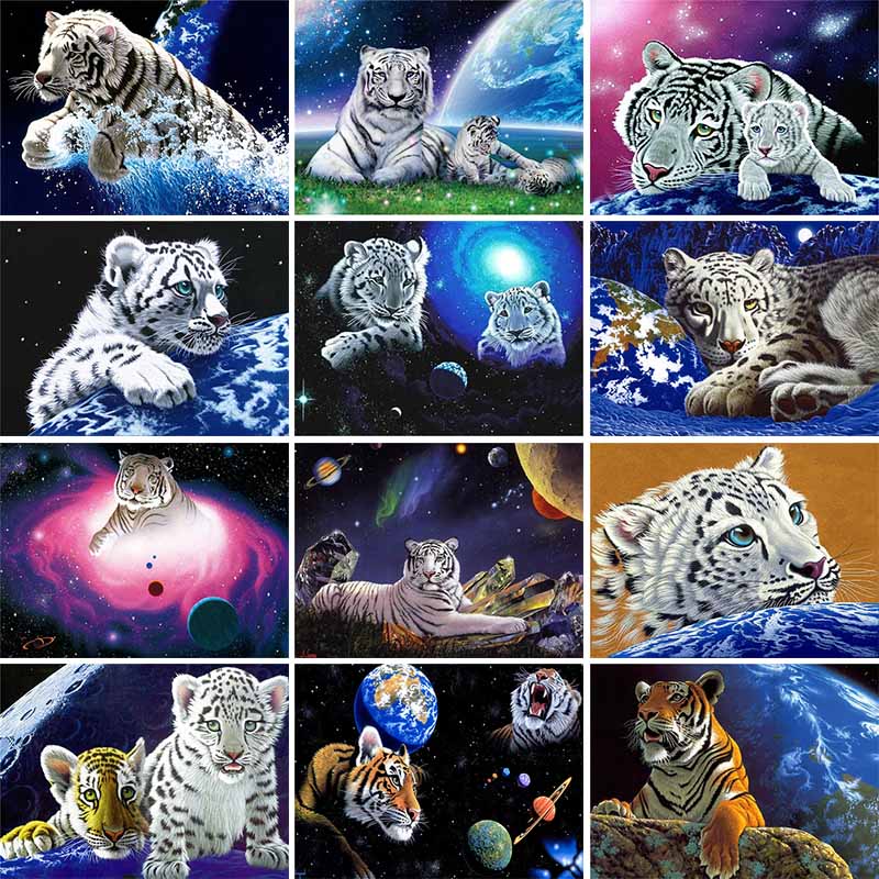 Univers et Tigre | Kits complets de peinture au diamant rond 