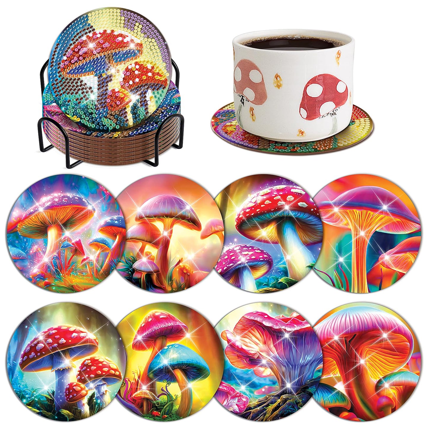 8 pcs set DIY Special Shaped Diamond Painting Coaster  | mushroom（no holder）