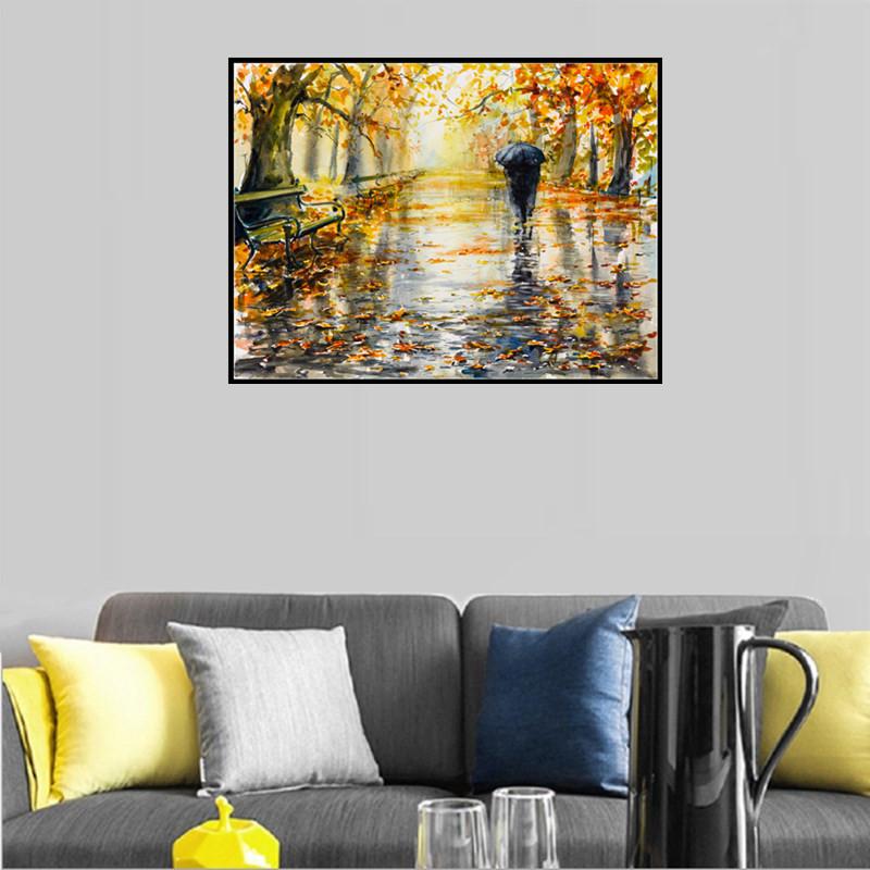 Paysage de pluie | Kits complets de peinture au diamant rond