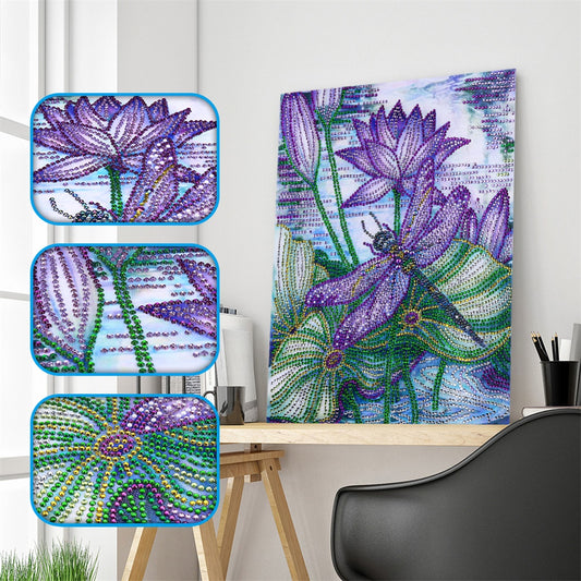 Purple Lotus Dragonfly  | Crystal Rhinestone  | Full Round Diamond Painting Kits