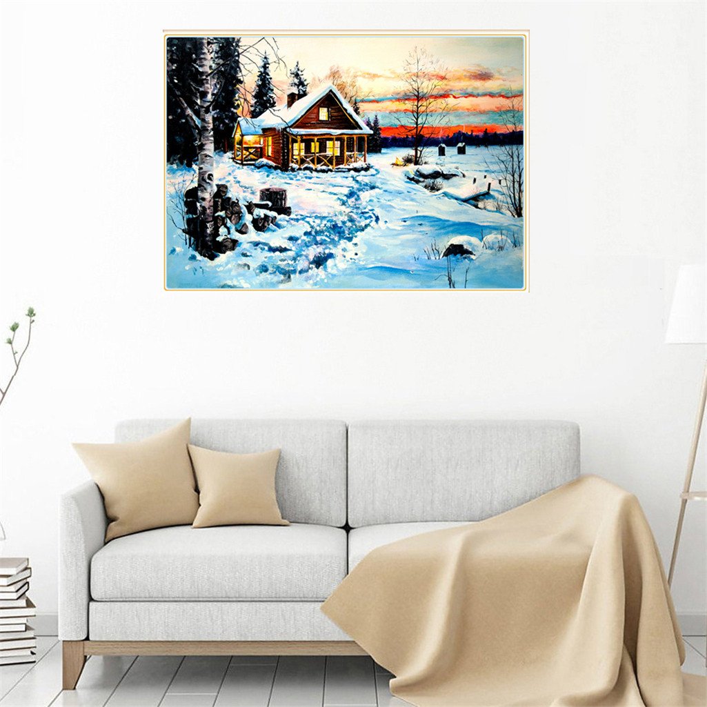 Cabane dans la neige | Kits complets de peinture au diamant rond 