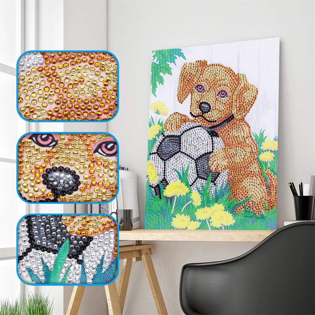 Dog Holding Football  | Crystal Rhinestone  | Full Round Diamond Painting Kits