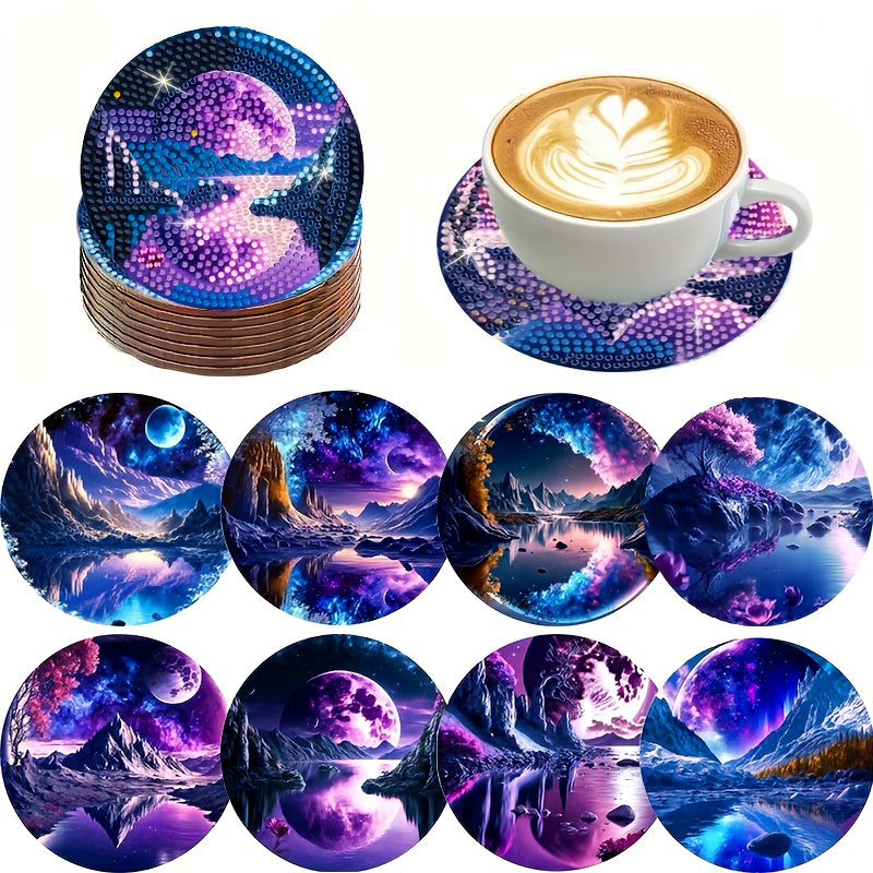 8 pcs set DIY Special Shaped Diamond Painting Coaster  | landscape（no holder）