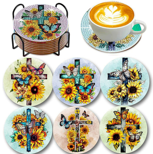 6 pcs set DIY Special Shaped Diamond Painting Coaster  | sunflower cross（no holder）