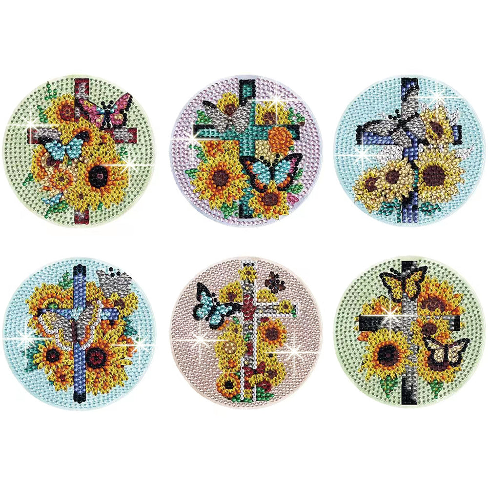 6 pcs set DIY Special Shaped Diamond Painting Coaster  | sunflower cross（no holder）