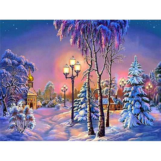 Le paysage de neige | Kits complets de peinture au diamant rond