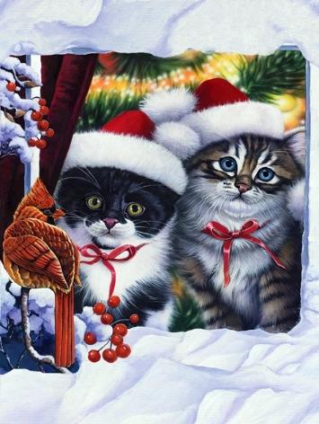 Chat de Noël | Kits complets de peinture au diamant rond 