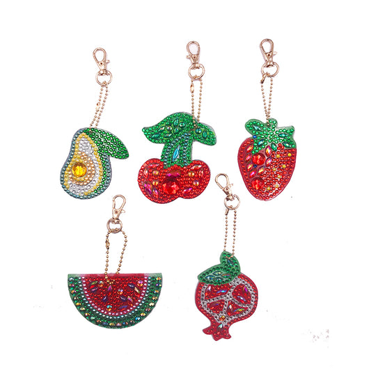 5 pièces bricolage ensembles de fruits en forme spéciale pleine perceuse diamant peinture porte-clés avec porte-clés bijoux cadeaux pour fille sacs 
