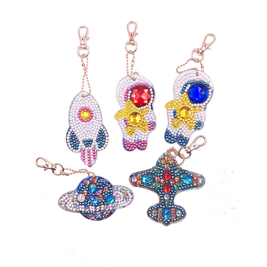 5 pièces bricolage espace ensembles en forme spéciale pleine perceuse diamant peinture porte-clés avec porte-clés bijoux cadeaux pour fille sacs 