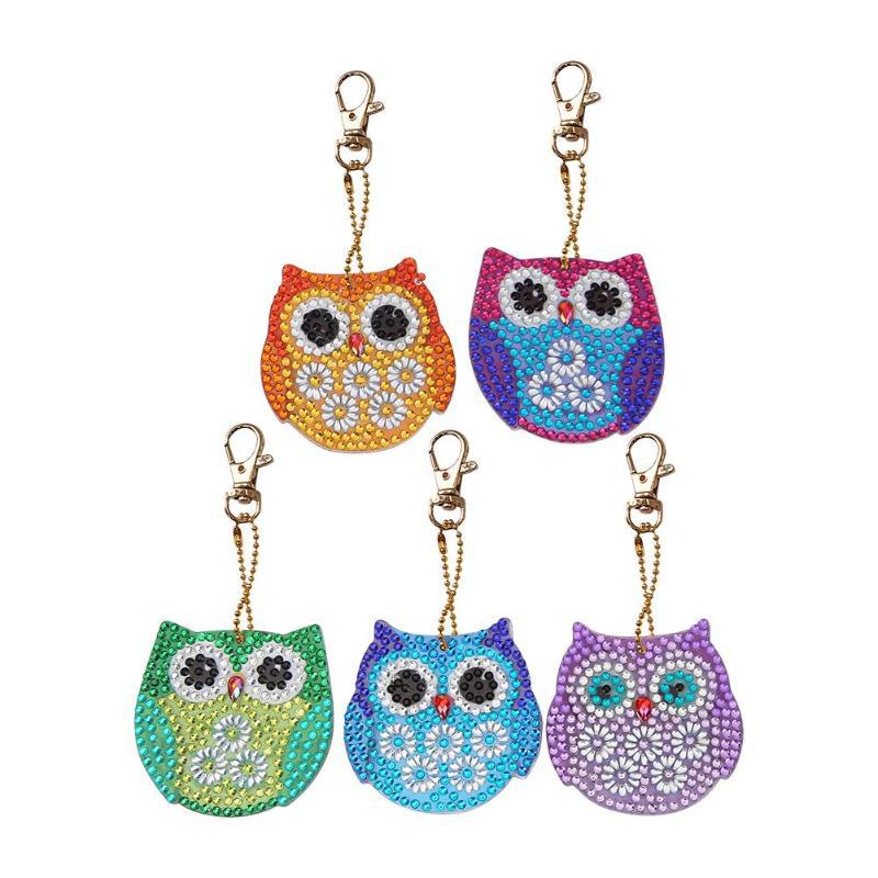 5pcs DIY Owl Sets Special Shaped Full Drill Diamond Painting Key Chain with Key Ring Jewelry Gifts for Girl Bags