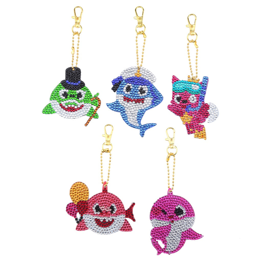 5pcs DIY Shark Sets Special Shaped Full Drill Diamond Painting Key Chain with Key Ring Jewelry Gifts for Girl Bags