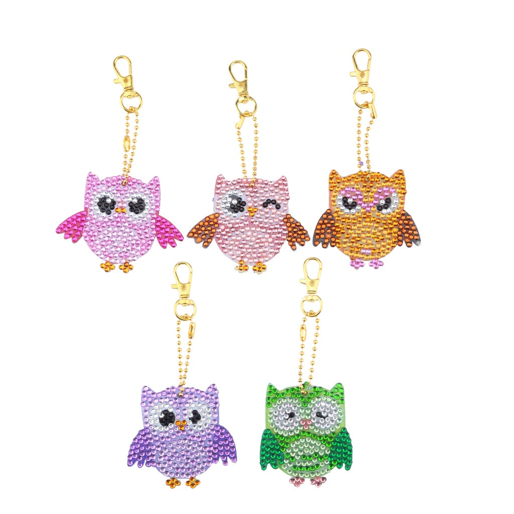 5pcs DIY Owl Sets Special Shaped Full Drill Diamond Painting Key Chain with Key Ring Jewelry Gifts for Girl Bags