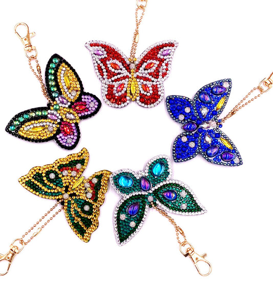 5 stücke DIY Schmetterling Sets Speziell geformte Vollbohrer Diamant Malerei Schlüsselanhänger mit Schlüsselanhänger Schmuck Geschenke für Mädchen Taschen 