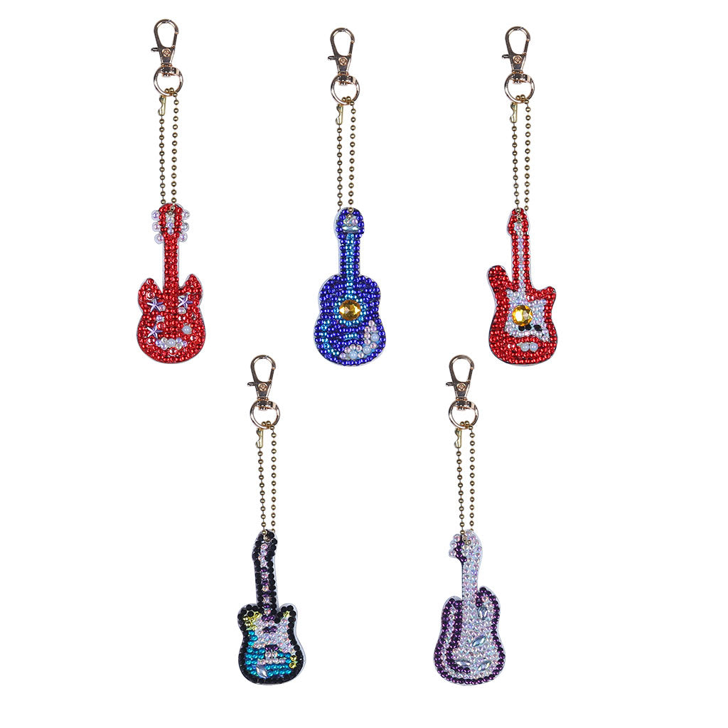 5pcs DIY Guitar Sets Special Shaped Full Drill Diamond Painting Key Chain with Key Ring Jewelry Gifts for Girl Bags