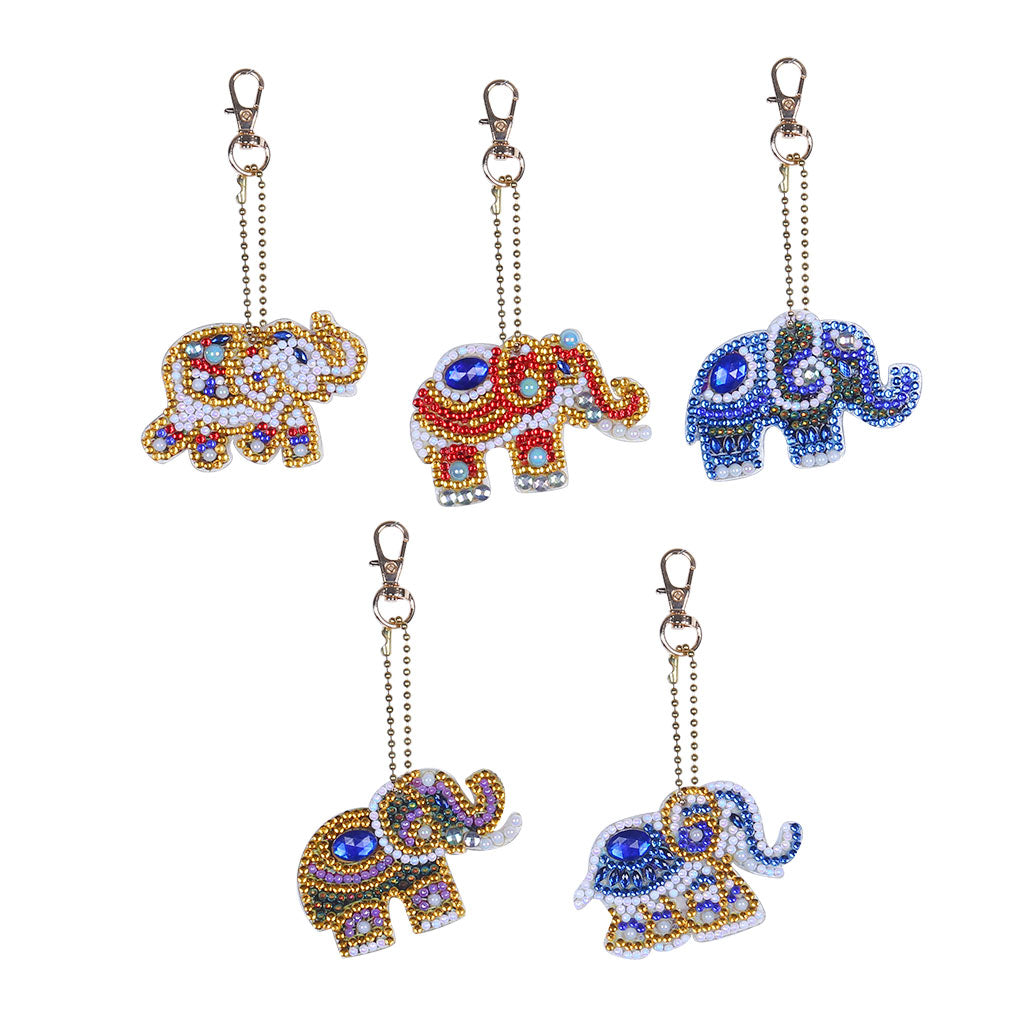 5 pièces bricolage éléphant ensembles en forme spéciale pleine perceuse diamant peinture porte-clés avec porte-clés bijoux cadeaux pour fille sacs 