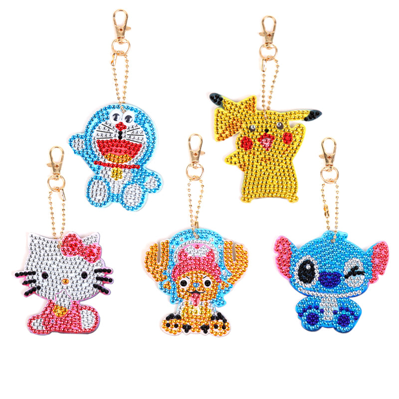 5 pièces bricolage Doraemon ensembles en forme spéciale pleine perceuse diamant peinture porte-clés avec porte-clés bijoux cadeaux pour fille sacs 